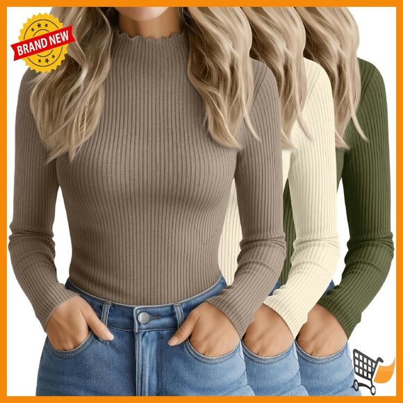 Tops - 3 Pack Women's Slim Fit Cotton Long Sleeve Mock Turtleneck Thermal Tops